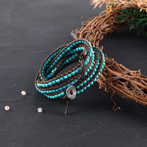 Miss Rabbit Boho Layered Leather Handmade Bracelet, Natural Stone Beaded 5 Wrap Bracelets for Women Blue Turquoise Beads Bohemian Bracelet Jewelry in Saudi Arabia
