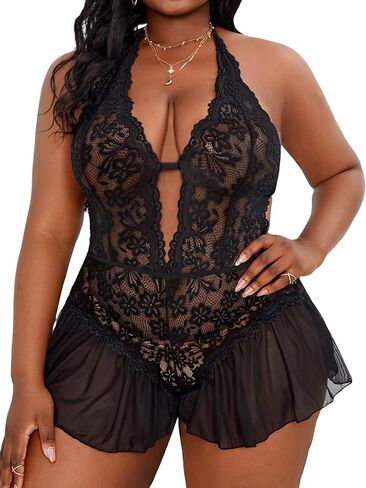 OYOANGLE Women's Plus Size Cut Out Tie Back Halter Lace Teddy Romper Bodysuit Lingerie in Saudi Arabia