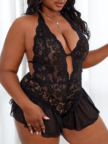OYOANGLE Women's Plus Size Cut Out Tie Back Halter Lace Teddy Romper Bodysuit Lingerie in Saudi Arabia