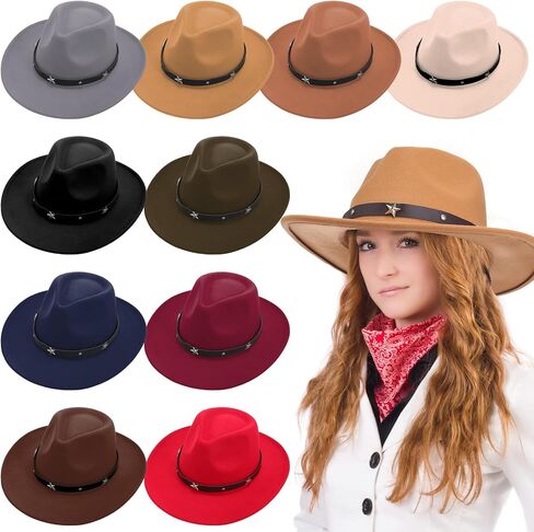 Hercicy 10 Pack Classic Western Cowboy Hat Men Felt Wide Brim Cowgirl Hats Women Belt Buckle Panama Hat for Adults Kids in Saudi Arabia