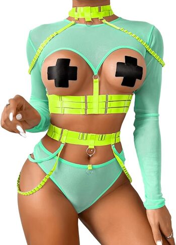 Kaei&Shi Rave Outfit, Adjustable Strappy, Contrast Color, Choker, Chain Belt in Kuwait