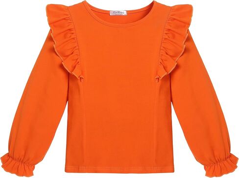 تي شيرت قطني من Flypigs للفتيات تي شيرتات لطيفة مكشكشة وبلوزة أساسية بأكمام طويلة من 5 إلى 13 سنة in Kuwait