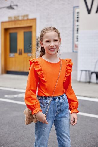 تي شيرت قطني من Flypigs للفتيات تي شيرتات لطيفة مكشكشة وبلوزة أساسية بأكمام طويلة من 5 إلى 13 سنة in Kuwait