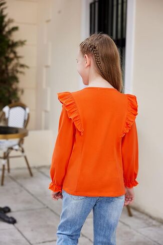 تي شيرت قطني من Flypigs للفتيات تي شيرتات لطيفة مكشكشة وبلوزة أساسية بأكمام طويلة من 5 إلى 13 سنة in Kuwait