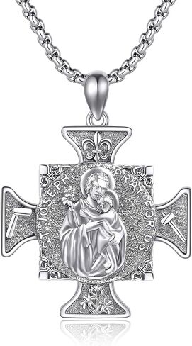 VENACOLY ميدالية معجزة من الفضة الإسترليني قلادة متقاطعة بأربعة اتجاهات للقلب المقدس سانت تشيتوفر سانت جوزيف مريم العذراء قلادة كتفي مجوهرات كاثوليكية هدية للرجال in Kuwait