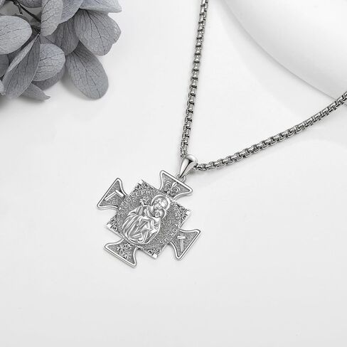 VENACOLY ميدالية معجزة من الفضة الإسترليني قلادة متقاطعة بأربعة اتجاهات للقلب المقدس سانت تشيتوفر سانت جوزيف مريم العذراء قلادة كتفي مجوهرات كاثوليكية هدية للرجال in Kuwait