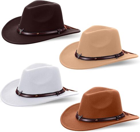 Foaincore 4 Pcs Unisex Western Cowboy Hat American Faux Fur Felt Fedora Hats Outback Wide Brim Felt Travel Cap for Men Women in Kuwait