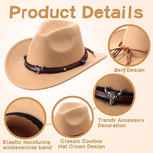 Foaincore 4 Pcs Unisex Western Cowboy Hat American Faux Fur Felt Fedora Hats Outback Wide Brim Felt Travel Cap for Men Women in Kuwait