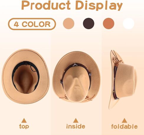 Foaincore 4 Pcs Unisex Western Cowboy Hat American Faux Fur Felt Fedora Hats Outback Wide Brim Felt Travel Cap for Men Women in Kuwait