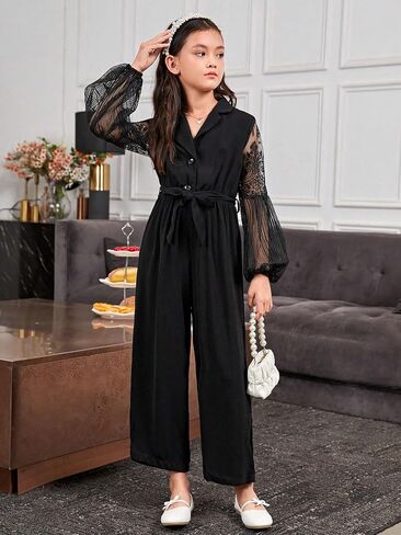 OYOANGLE Girl's Lace Long Lantern Sleeve Button Front Lapel Neck Belted Jumpsuit Rompers in Saudi Arabia