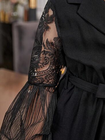 OYOANGLE Girl's Lace Long Lantern Sleeve Button Front Lapel Neck Belted Jumpsuit Rompers in Saudi Arabia