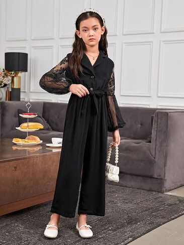 OYOANGLE Girl's Lace Long Lantern Sleeve Button Front Lapel Neck Belted Jumpsuit Rompers in Saudi Arabia