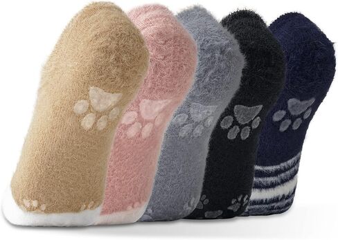 جوارب WISVOOO للنساء مضادة للانزلاق 5 أزواج فائقة النعومة ودافئة مع جوارب شتوية لطيفة على شكل حيوان منفوش وغامض in Kuwait