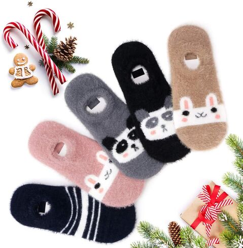 جوارب WISVOOO للنساء مضادة للانزلاق 5 أزواج فائقة النعومة ودافئة مع جوارب شتوية لطيفة على شكل حيوان منفوش وغامض in Kuwait