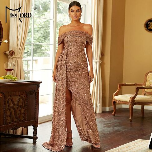فستان Miss ord نسائي أنيق بدون أكتاف مزين بالترتر للحفلات الراقصة، فساتين سهرة غير متماثلة بتصميم حورية البحر وفتحة الفخذ in Saudi Arabia