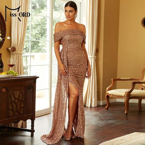 فستان Miss ord نسائي أنيق بدون أكتاف مزين بالترتر للحفلات الراقصة، فساتين سهرة غير متماثلة بتصميم حورية البحر وفتحة الفخذ in Saudi Arabia