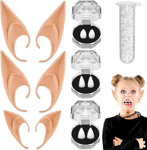 أنياب أسنان مصاصي الدماء وآذان قزم من كليوور، أسنان وهمية مع لاصق، آذان قزم الجنية الناعمة من أجل أزياء تنكرية لحفلات الهالوين وإكسسوارات الملابس in Kuwait