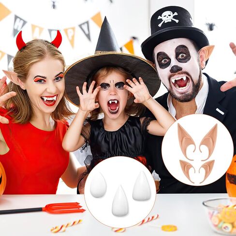 أنياب أسنان مصاصي الدماء وآذان قزم من كليوور، أسنان وهمية مع لاصق، آذان قزم الجنية الناعمة من أجل أزياء تنكرية لحفلات الهالوين وإكسسوارات الملابس in Kuwait