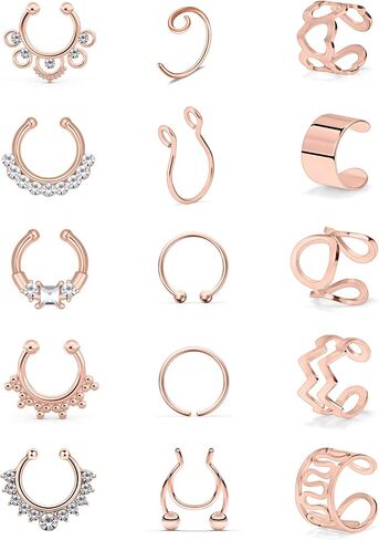 SCERRING Fake Septum Nose Hoop Rings Stainless Steel Faux Lip Ear Nose Septum Ring Non Piercing Clip On Nose Hoop Rings Body Piercing Jewelry Clear CZ 15PCS in Kuwait