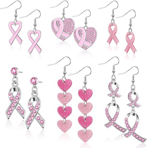 6 Pairs Pink Ribbon Heart Earrings Breast Cancer Awareness Earrings for Women Breast Cancer Jewelry Cross Dangle Earrings Cancer Survivor Gifts for Women Girls in Kuwait