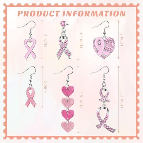 6 Pairs Pink Ribbon Heart Earrings Breast Cancer Awareness Earrings for Women Breast Cancer Jewelry Cross Dangle Earrings Cancer Survivor Gifts for Women Girls in Kuwait