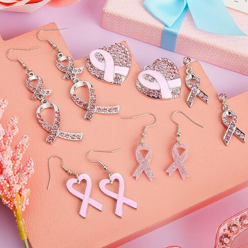 6 Pairs Pink Ribbon Heart Earrings Breast Cancer Awareness Earrings for Women Breast Cancer Jewelry Cross Dangle Earrings Cancer Survivor Gifts for Women Girls in Kuwait
