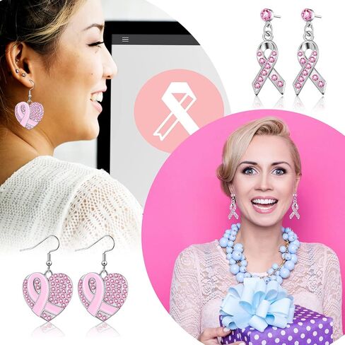 6 Pairs Pink Ribbon Heart Earrings Breast Cancer Awareness Earrings for Women Breast Cancer Jewelry Cross Dangle Earrings Cancer Survivor Gifts for Women Girls in Kuwait