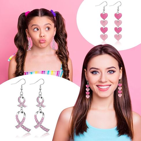 6 Pairs Pink Ribbon Heart Earrings Breast Cancer Awareness Earrings for Women Breast Cancer Jewelry Cross Dangle Earrings Cancer Survivor Gifts for Women Girls in Kuwait