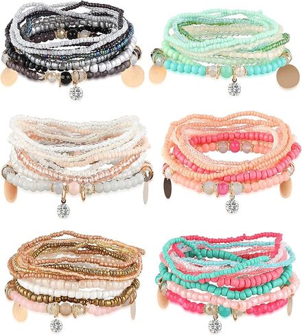 MILACOLATO 6Sets Boho Bead Bracelets Set Multilayered Stackable Bracelets Comfortable Stretch Bracelets Multicolor Bohemian Charm Bracelets for Women Girls in Kuwait