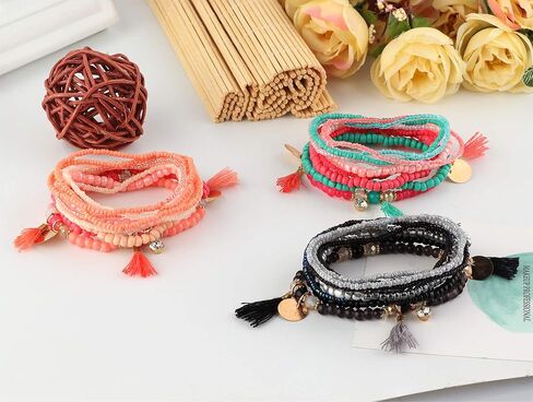 MILACOLATO 6Sets Boho Bead Bracelets Set Multilayered Stackable Bracelets Comfortable Stretch Bracelets Multicolor Bohemian Charm Bracelets for Women Girls in Kuwait