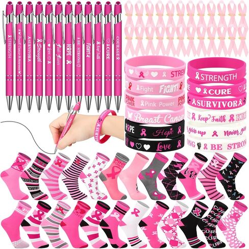 Siifert 96 Pcs Breast Cancer Awareness Accessories, Breast Cancer Socks Breast Cancer Bracelets Pink Ribbon Pins Ballpoint Pens for Women Girls Party Favor Breast Cancer Gift Decoration in Saudi Arabia