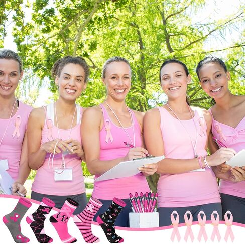 Siifert 96 Pcs Breast Cancer Awareness Accessories, Breast Cancer Socks Breast Cancer Bracelets Pink Ribbon Pins Ballpoint Pens for Women Girls Party Favor Breast Cancer Gift Decoration in Saudi Arabia