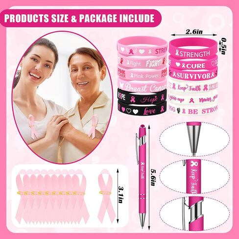 Siifert 96 Pcs Breast Cancer Awareness Accessories, Breast Cancer Socks Breast Cancer Bracelets Pink Ribbon Pins Ballpoint Pens for Women Girls Party Favor Breast Cancer Gift Decoration in Saudi Arabia