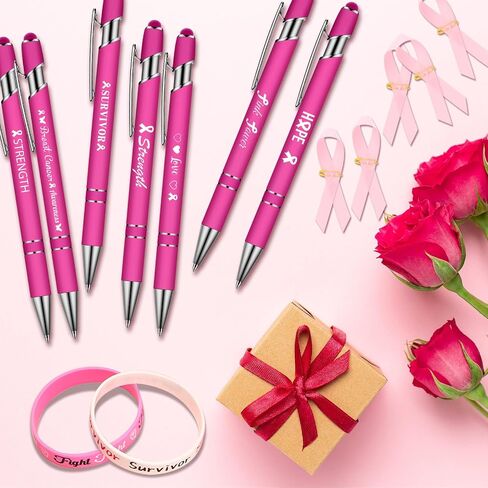 Siifert 96 Pcs Breast Cancer Awareness Accessories, Breast Cancer Socks Breast Cancer Bracelets Pink Ribbon Pins Ballpoint Pens for Women Girls Party Favor Breast Cancer Gift Decoration in Saudi Arabia