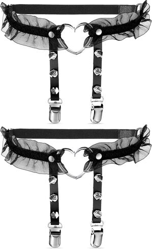 2 Pieces Adjustable Heart Shaped Leg Garters Women Girls Sexy Lace Heart Harness Garter Belts Elastic Punk Rivet Thigh Ring Garters with Non-Slip Clips for Women Black in Saudi Arabia