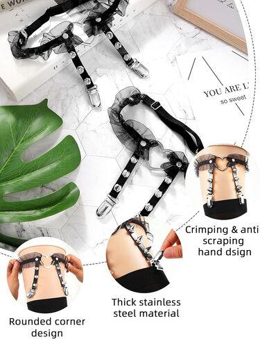2 Pieces Adjustable Heart Shaped Leg Garters Women Girls Sexy Lace Heart Harness Garter Belts Elastic Punk Rivet Thigh Ring Garters with Non-Slip Clips for Women Black in Saudi Arabia