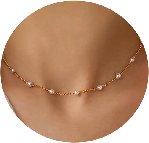 Meeran Pearl Necklace for Women, Dainty 14K Gold/Silver Plated Pearl Necklace Simple White Pearls Choker Necklace Cute Pearl Thin Chain Necklace Elegant Tiny Small Faux Pearl Necklaces Women Girls Wedding Jewelry Gift in Kuwait