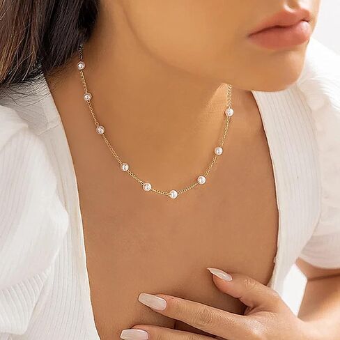 Meeran Pearl Necklace for Women, Dainty 14K Gold/Silver Plated Pearl Necklace Simple White Pearls Choker Necklace Cute Pearl Thin Chain Necklace Elegant Tiny Small Faux Pearl Necklaces Women Girls Wedding Jewelry Gift in Kuwait