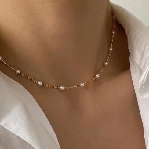 Meeran Pearl Necklace for Women, Dainty 14K Gold/Silver Plated Pearl Necklace Simple White Pearls Choker Necklace Cute Pearl Thin Chain Necklace Elegant Tiny Small Faux Pearl Necklaces Women Girls Wedding Jewelry Gift in Kuwait