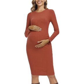 Ecavus Women's Maternity Ribbed Slim Fit Dress Long Sleeve Pregnancy Bodycon Dress Baby Shower Daily Wear
