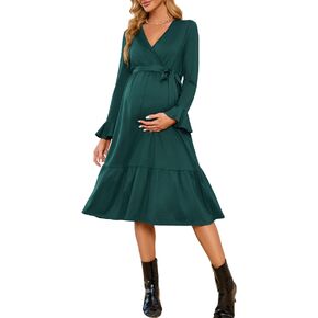 KOJOOIN Women's Maternity V Neck Wrap Maxi Fall Dress Long Sleeve Boho Casual Nursing Swing Dress Baby Shower Photoshoot Belt