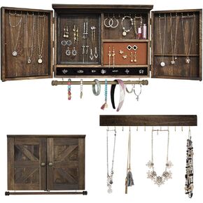 Rustic Wall Mounted Jewelry Organizer,Vintage Wooden Hanging Jewelry Holder Box with Barndoor Decor for Necklaces, Earings, Bracelets, Rings, Accessories. Includes Hook Organizer