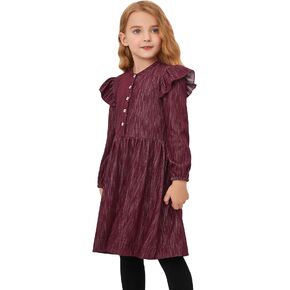 Perfashion Girls Denim Dress Flutter Long Sleeve Classic Jean Blue Button Down Dresses for 6-15 Years