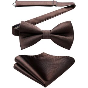 HISDERN Mens Pretied Bow Tie: Solid Color Tuxedo Bowtie and Pocket Square Set - Clip on Wedding Bow Ties for Men