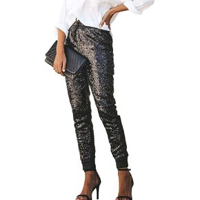 ALLUMK Womens Black Sequin Bling Legging Joggers Pencil Pants with Drawstring in Kuwait