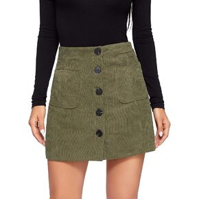 WDIRARA Women's Mid Waist Corduroy A-line Slim fit Button Casual Mini Skirt