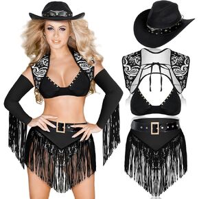 Panitay 5 Pcs Cowgirl Costume Set for Women Adult Western Outfits Cowboy Hat Felt Studded Elastic Tassel Shorts in Saudi Arabia