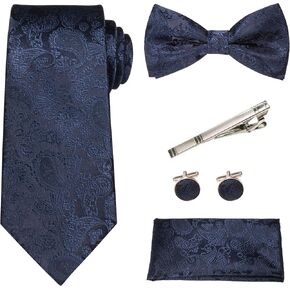 RBOCOTT Solid Color Paisley Tie and Bow Tie with Pocket Square and Tie Clip Cufflinks Set for Men