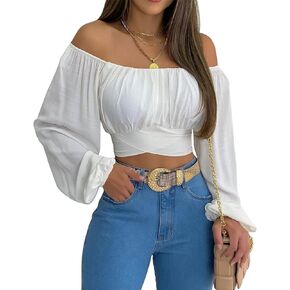 MIRACMODA Woman Off Shoulder Ruched Tie Back Crop Top Summer Lantern Sleeve Boho Shirt Blouse