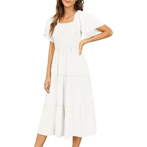 فستان Zattcas للسيدات لربيع وصيف 2023 بوهو ميدي فستان بأكمام واسعة ورقبة مربعة ومتدلية ومكشكشة للحفلات in Kuwait